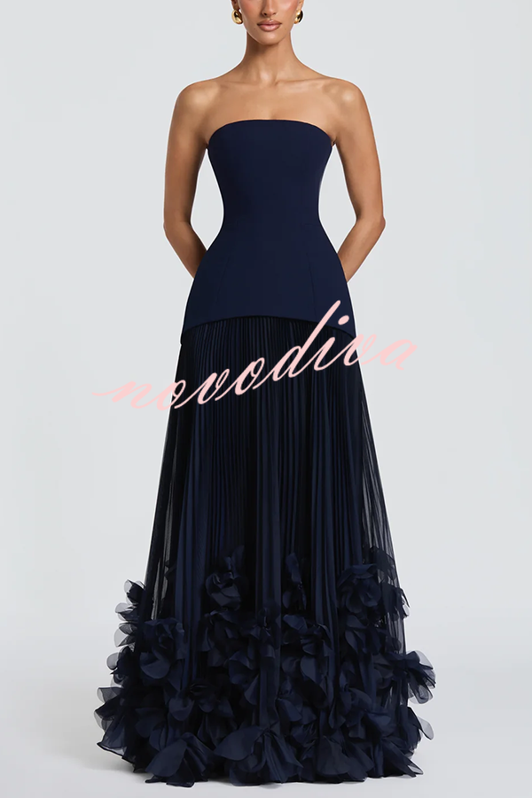 Vestido largo de gala Serafina palabra de honor con apliques florales hechos a mano, bajo plisado y lazada en la espalda