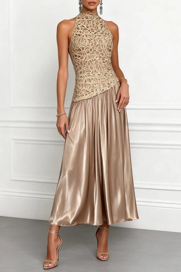 Vestido largo evasé de encaje y satén sin mangas y cuello redondo, ideal para galas de primavera