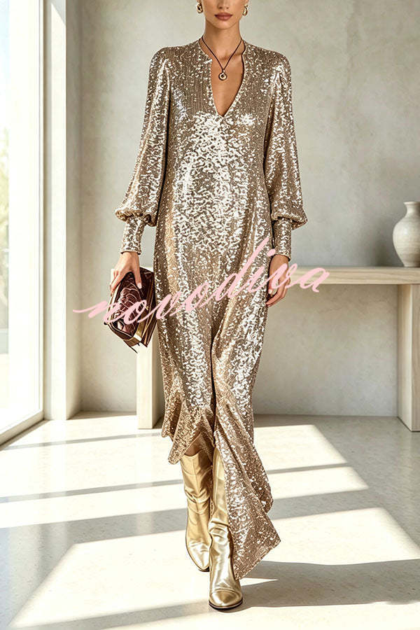 Vestido largo de fiesta Minimalista Brillante de lentejuelas con escote de pico, manga larga globo y abertura