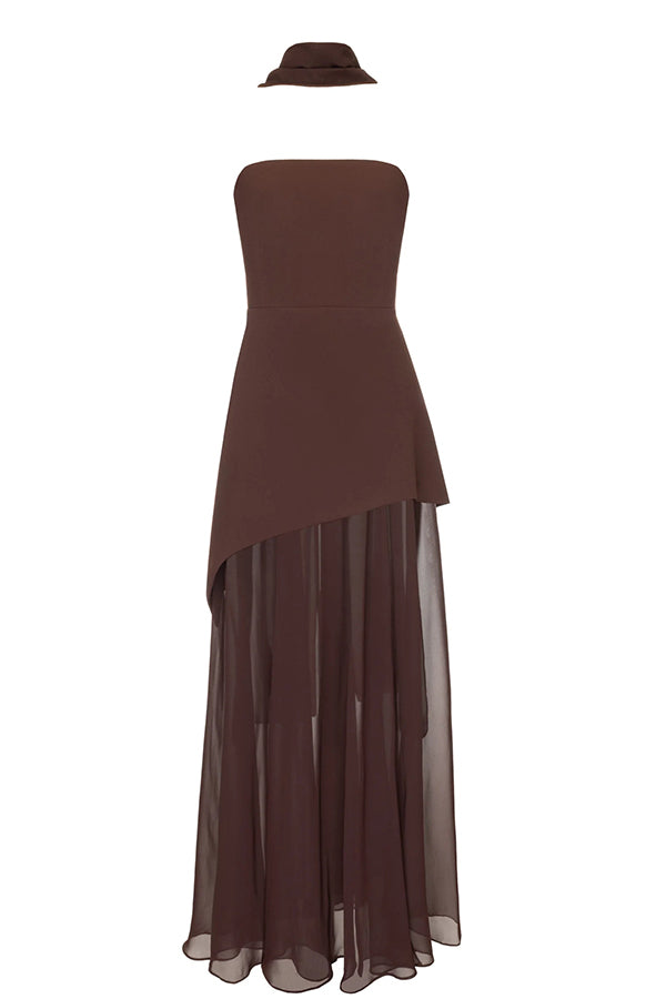 Vestido largo Mónaco con pañuelo, cuerpo estructurado con hombros descubiertos y bajo de gasa con abertura