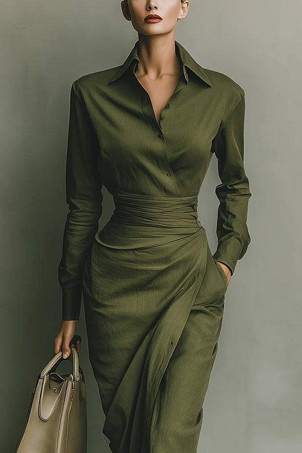 Vestido midi asimétrico ajustado de color liso con solapas, manga larga y bolsillos