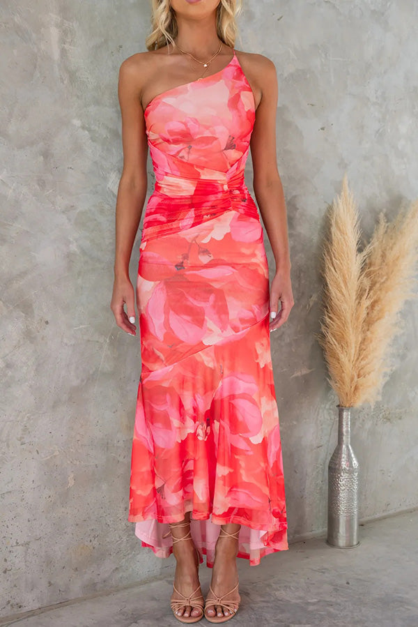Vestido largo elástico Deja con capa de malla, estampado floral, asimétrico y fruncido