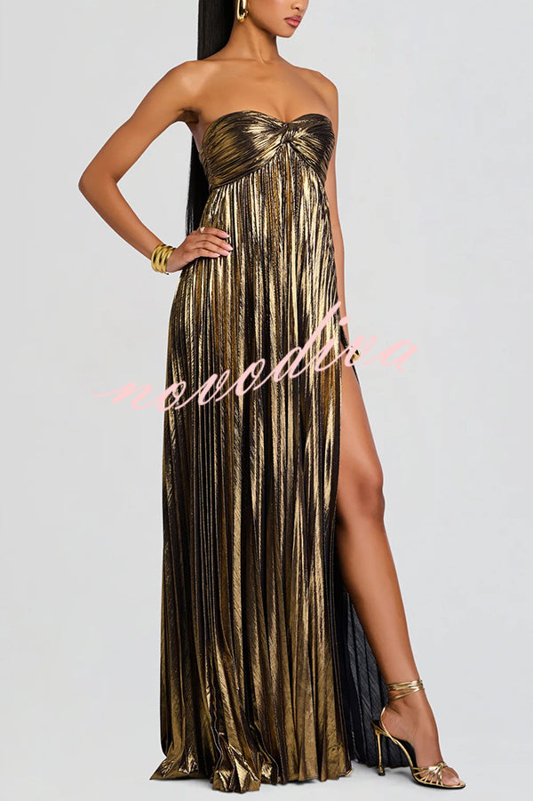 Vestido largo sexy metalizado palabra de honor plisado con abertura alta