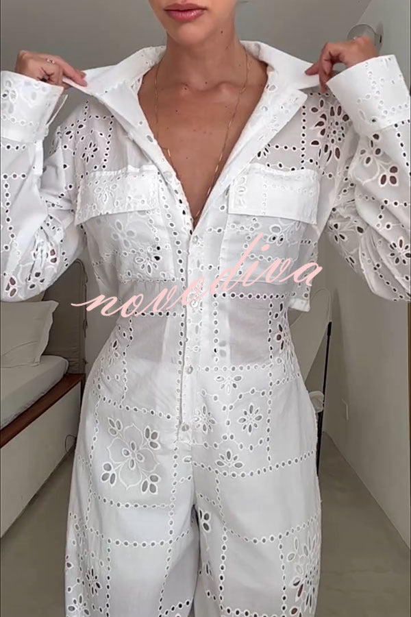 Mono camisero holgado Vivi de encaje bordado con aberturas, manga larga, bolsillos y cintura elástica