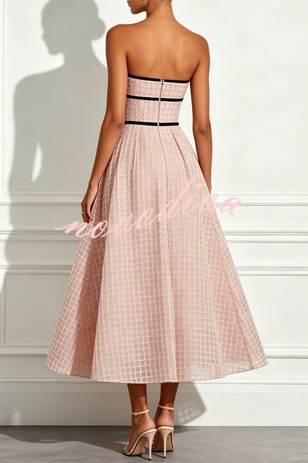 Vestido midi evasé palabra de honor de cuadros y lentejuelas con detalle de lazo