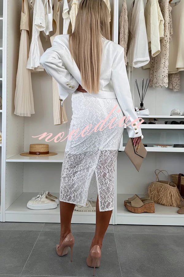 Falda midi elástica Lesia de encaje floral de talle alto con abertura