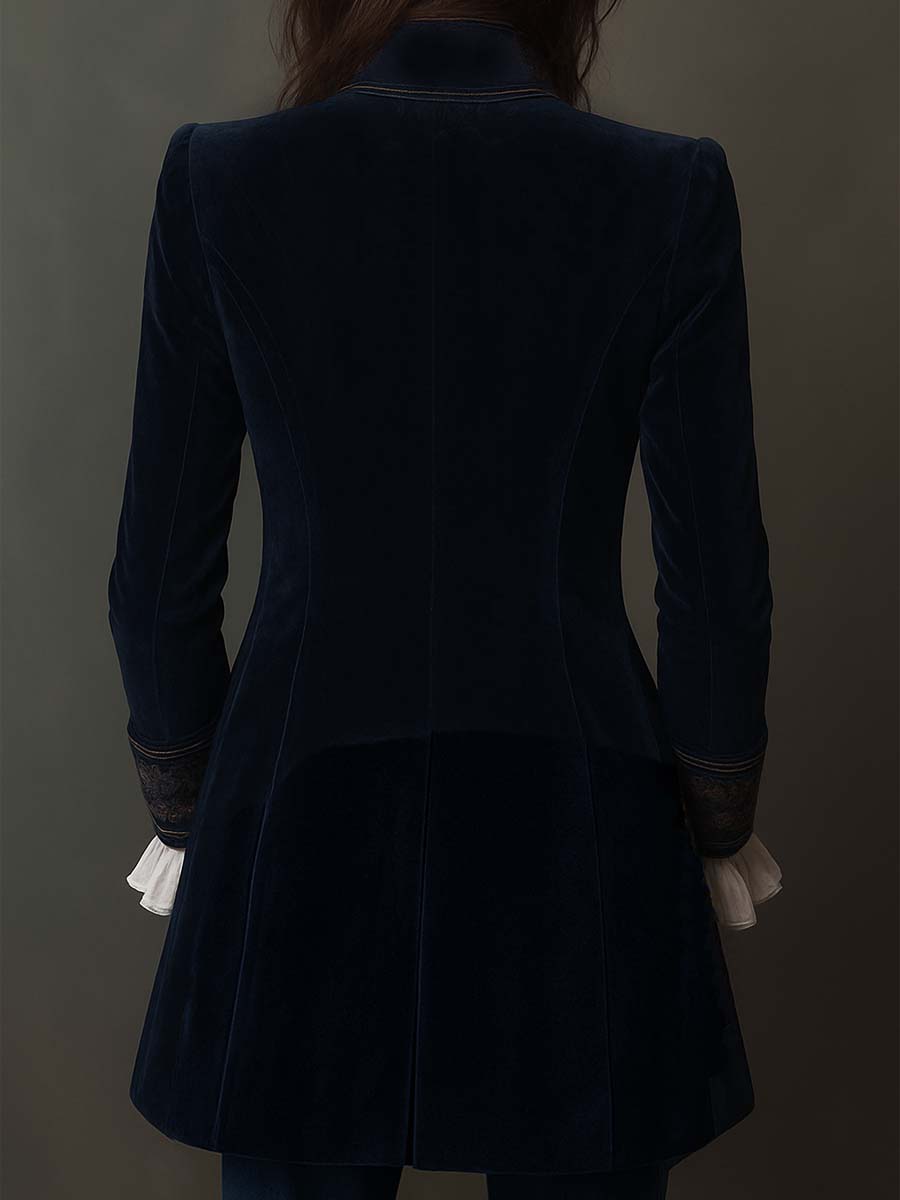 Chaqueta Larga Bordada Azul Marino Vintage para Mujer