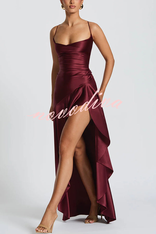 Vestido largo sexy de color liso con espalda descubierta, lazada y volantes asimétricos