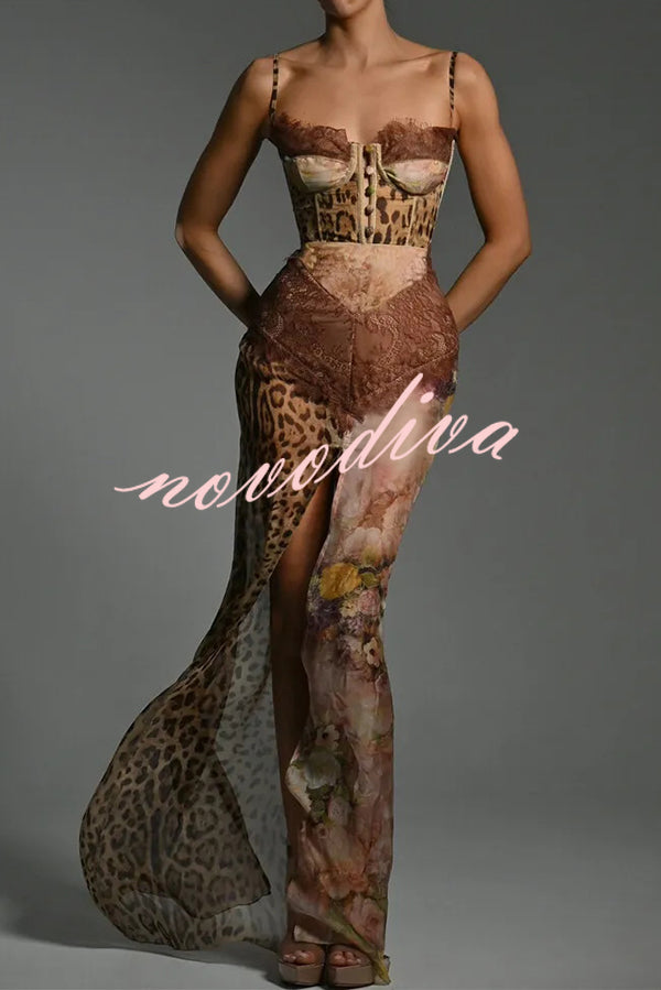 Vestido largo ajustado de gasa con estampado de leopardo, paneles de encaje sexy y abertura alta