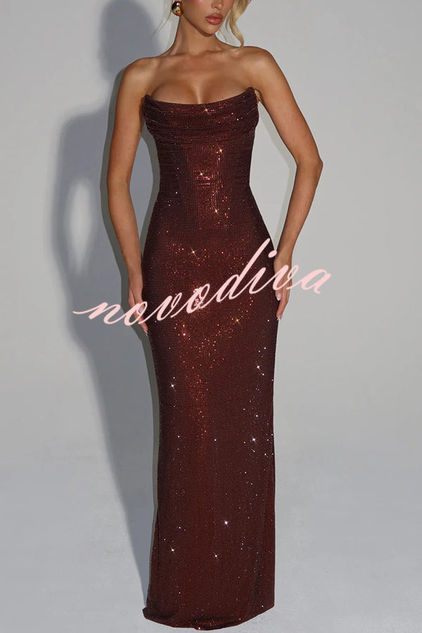 Vestido largo Mirabella palabra de honor de lentejuelas plisado con escote drapeado y lazada en la espalda
