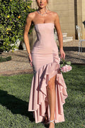 Vestido largo ajustado sexy con hombros descubiertos y bajo irregular