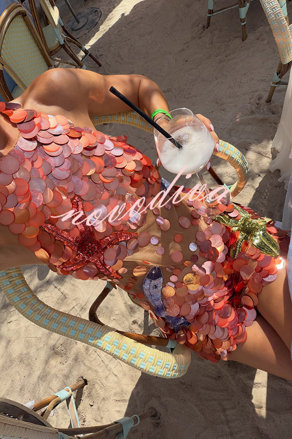 Minivestido halter Dorothy con bordado de peces y estrellas de mar de lentejuelas grandes