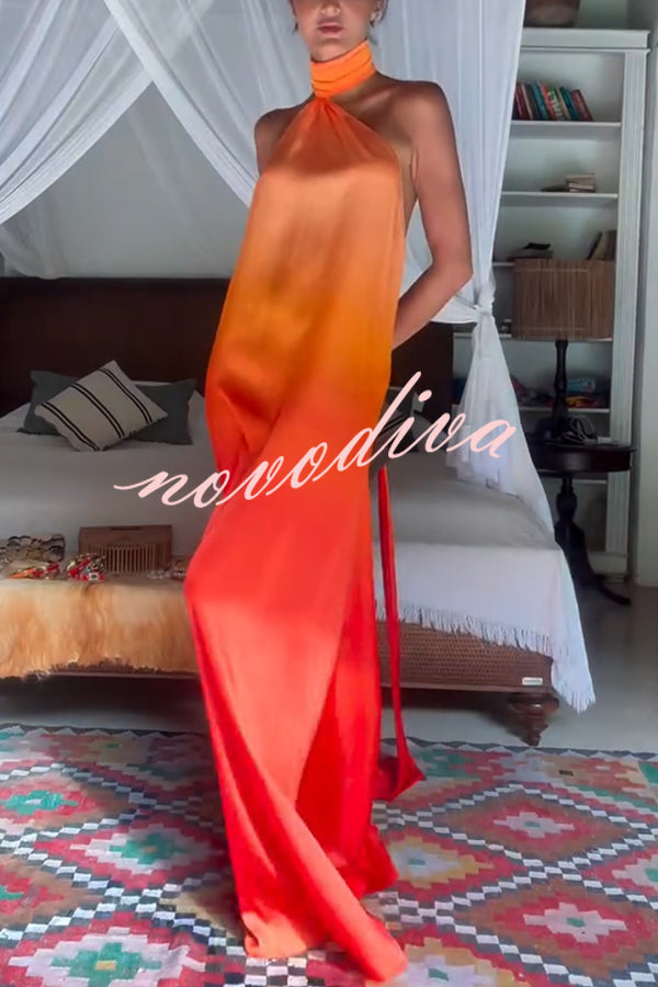 Vestido largo Chase The Sun con estampado degradado, cuello alto, espalda descubierta y lazada