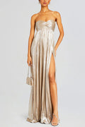 Vestido largo sexy metalizado palabra de honor plisado con abertura alta