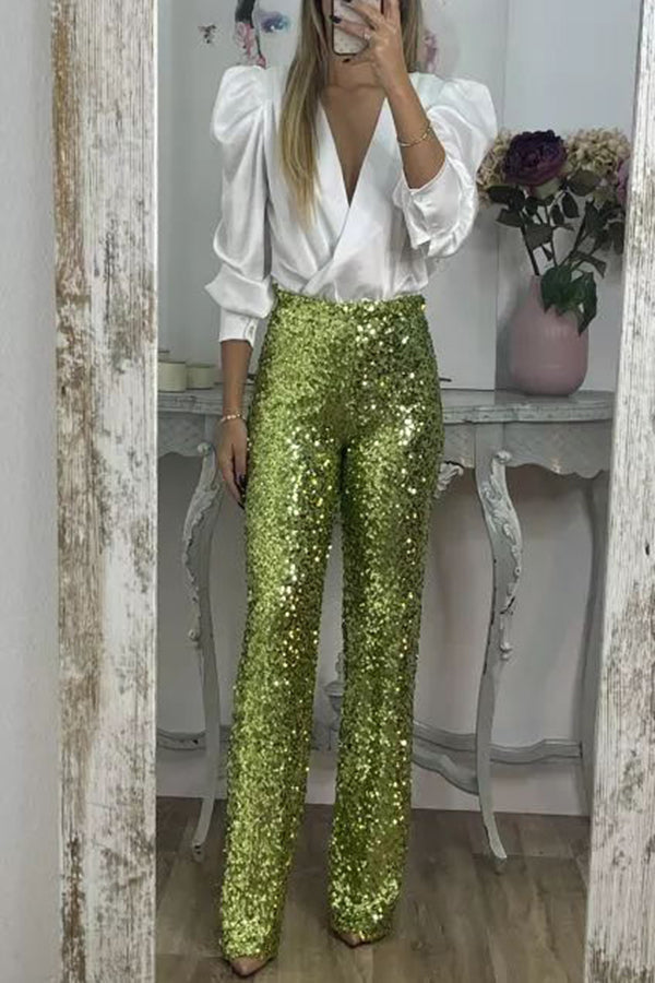 Pantalón ancho Glamour Deslumbrante de lentejuelas de talle alto con cintura elástica