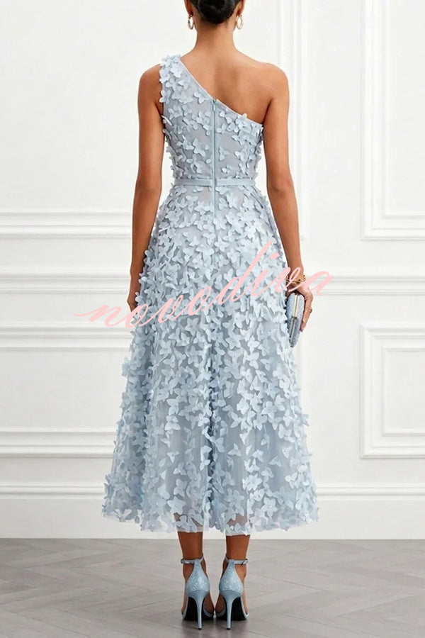 Vestido midi evasé Lynelle de tul con flores y mariposas 3D, asimétrico de un hombro y sin mangas