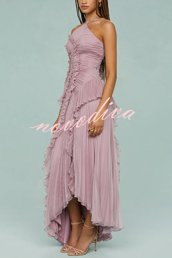 Vestido largo de gala halter Dream Ode con pliegues y volantes estilo nenúfar