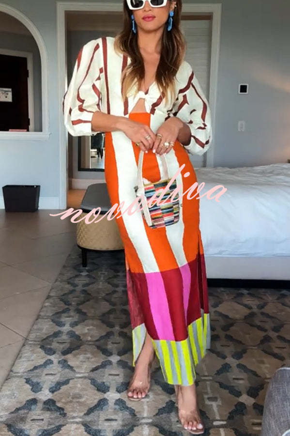 Vestido largo Kaya de mezcla de lino con estampado de bloques de color, abertura delantera con nudo y manga abullonada