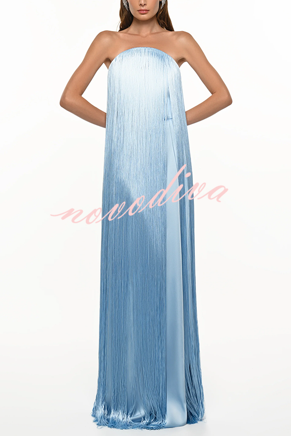 Vestido largo de gala hasta el suelo Dreamy Eye-catching con flecos brillantes y hombros descubiertos