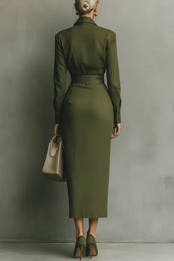 Vestido midi asimétrico ajustado de color liso con solapas, manga larga y bolsillos