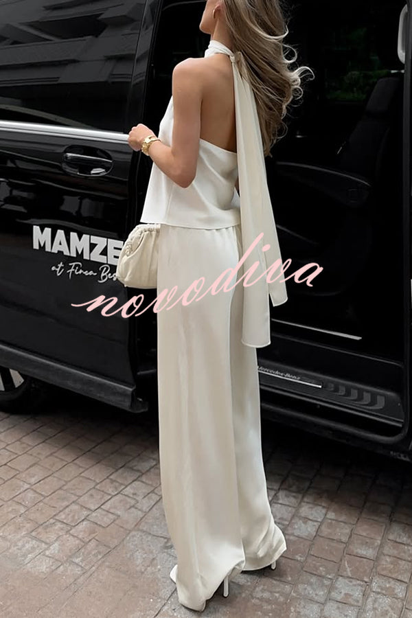 Conjunto Glamour Moderno de top halter de satén con lazada y pantalón ancho con cintura elástica