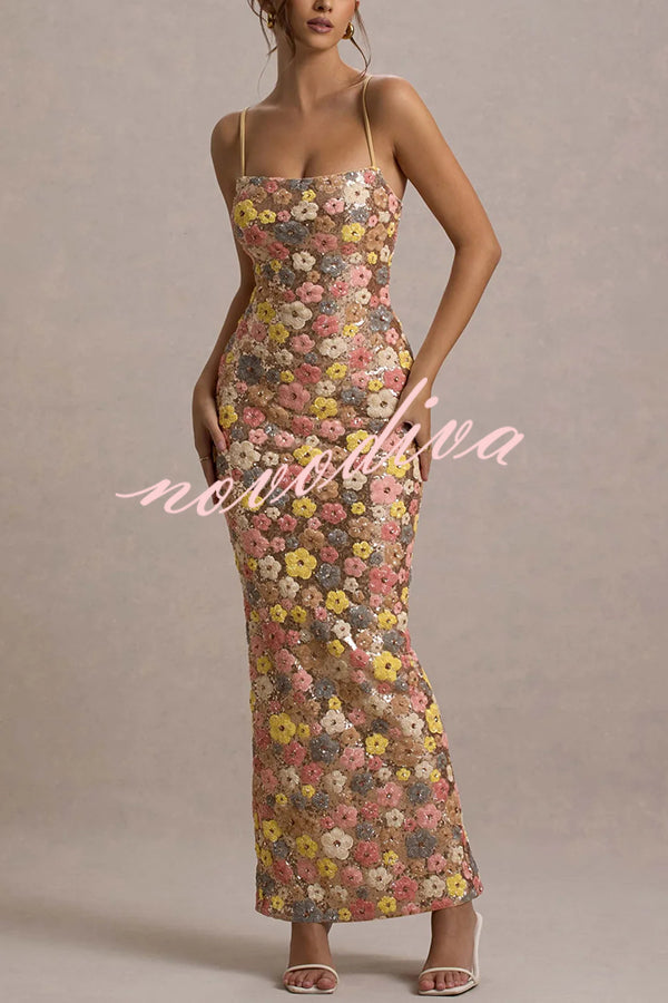 Vestido largo elástico de tirantes con lentejuelas, estampado floral inspiración años 80 y escote cuadrado