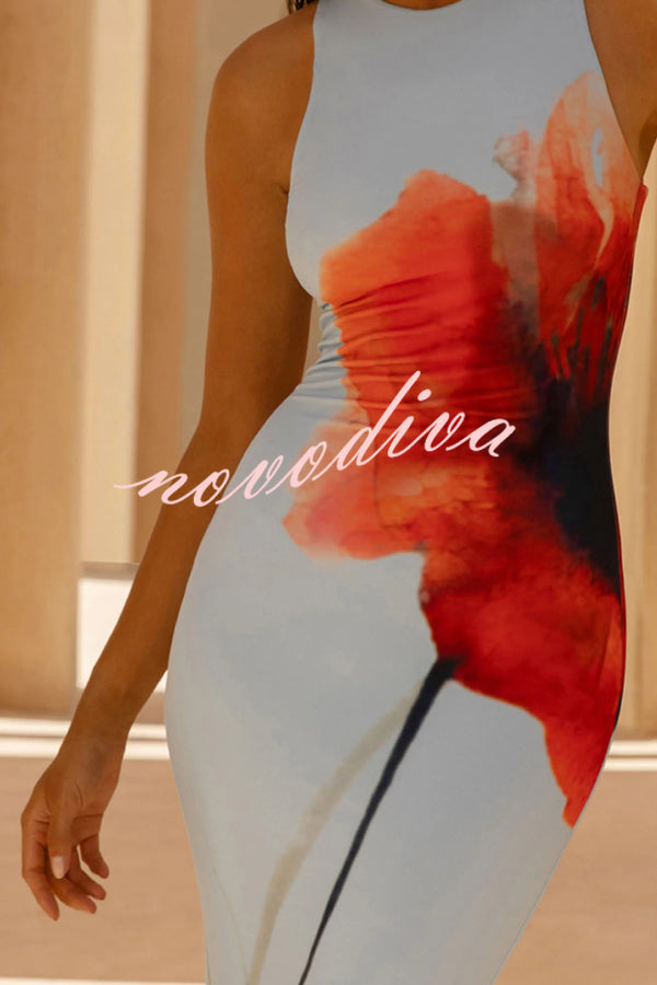 Vestido largo sirena elegante ajustado con estampado floral y sin mangas