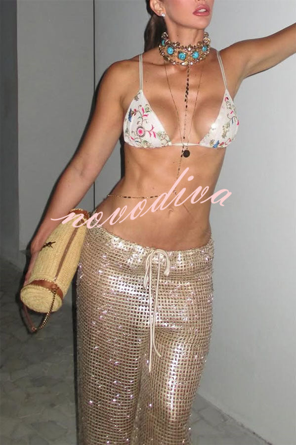 Pantalón ancho Rileigh de punto metalizado calado de talle medio con cintura elástica