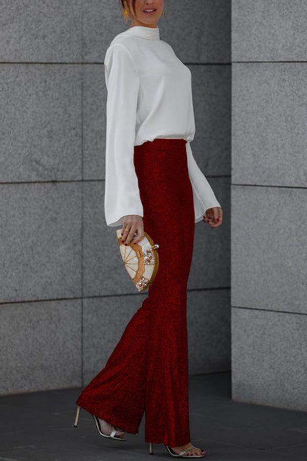 Pantalón acampanado Diva de terciopelo con lentejuelas, talle alto y cintura elástica