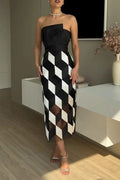 Vestido midi sexy palabra de honor con espalda descubierta y rombos en contraste
