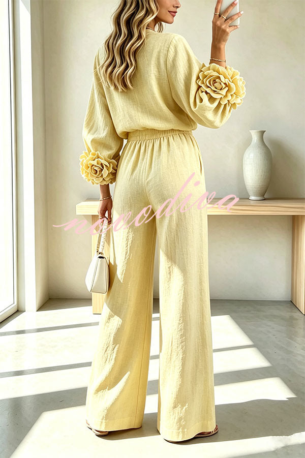 Conjunto de mezcla de lino de blusa con puños florales y pantalón con cintura elástica y bolsillos