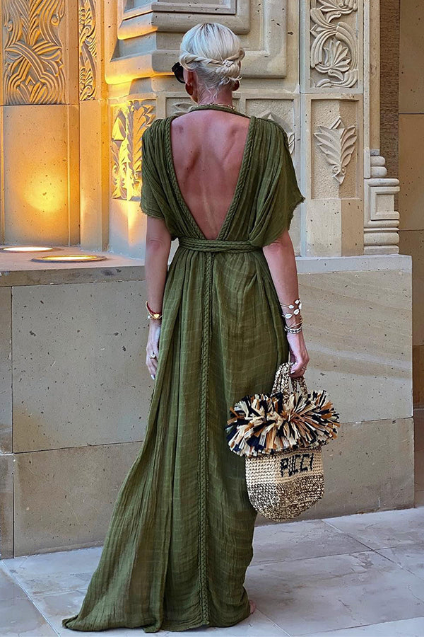 Vestido largo Estilo Griego tipo kimono pareo de mezcla de lino drapeado con trenzas y abertura