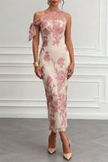 Vestido largo recto Kylen de encaje con bordado floral y lazo, asimétrico de un hombro y sin mangas