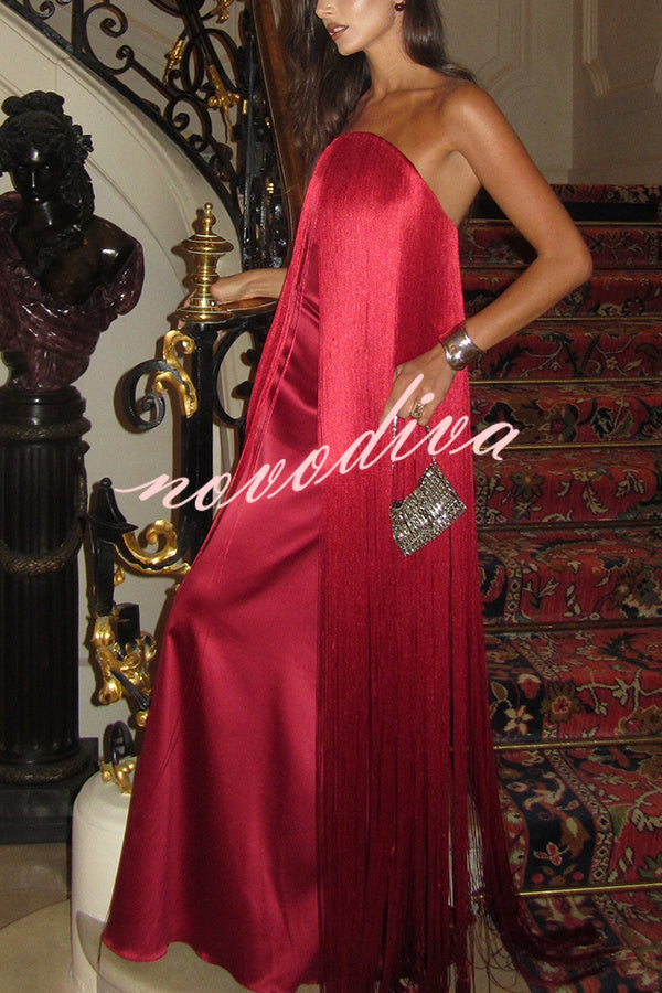Vestido largo de gala hasta el suelo Dreamy Eye-catching con flecos brillantes y hombros descubiertos
