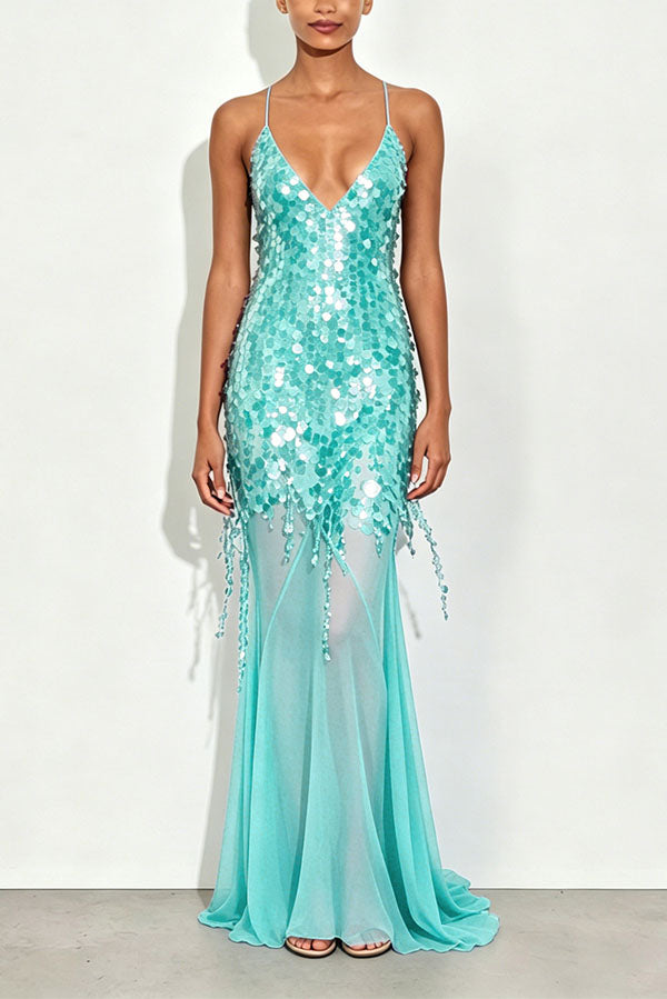 Vestido largo lencero Noche Perfecta de lentejuelas bordadas con espalda descubierta y bajo drapeado de tul