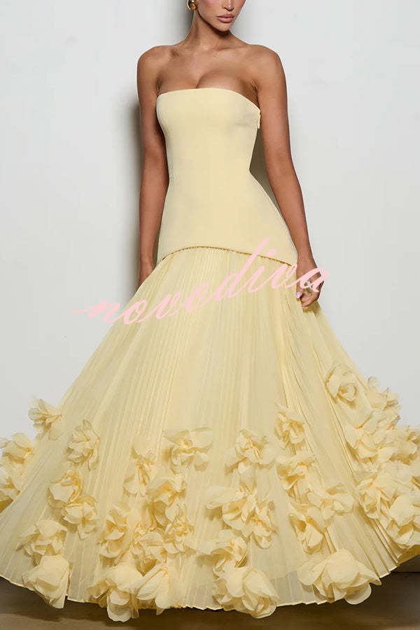 Vestido largo de gala Serafina palabra de honor con apliques florales hechos a mano, bajo plisado y lazada en la espalda