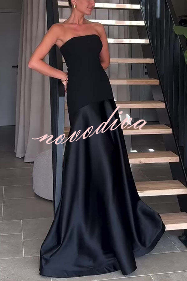 Vestido largo de gala palabra de honor de satén con paneles y vuelo, elegancia atemporal