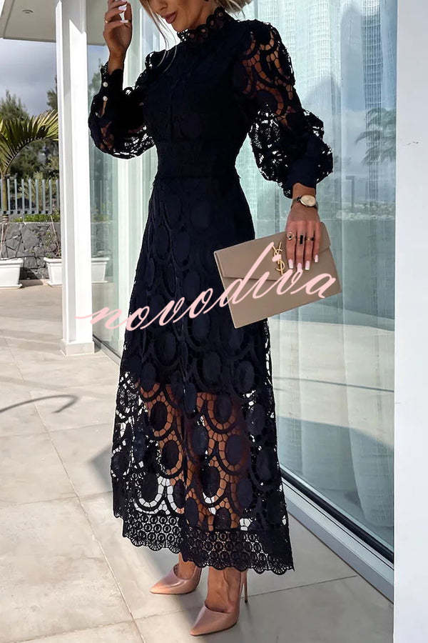 Vestido midi de fiesta Romántico, Sensual y Elegante de encaje de ganchillo con manga farol