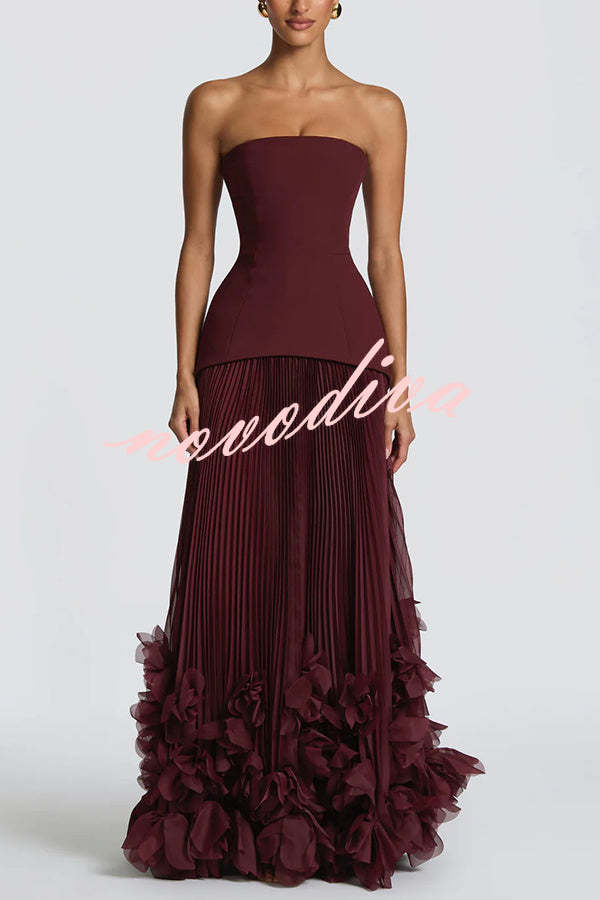 Vestido largo de gala Serafina palabra de honor con apliques florales hechos a mano, bajo plisado y lazada en la espalda
