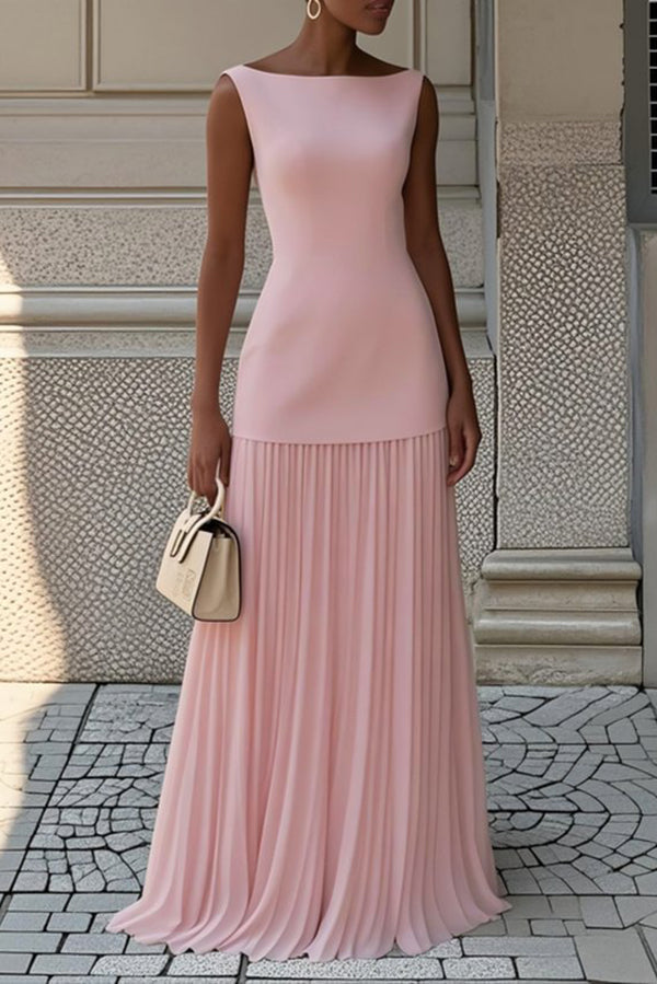 Vestido largo elegante de color liso sin mangas y plisado