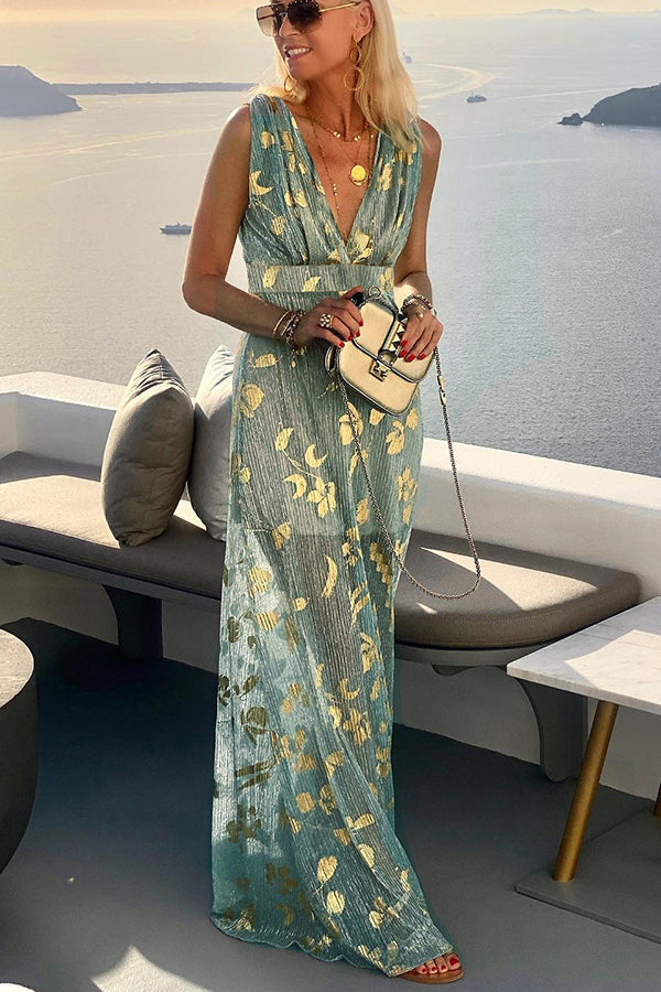 Vestido largo Historias de Atardecer Dorado con escote de pico