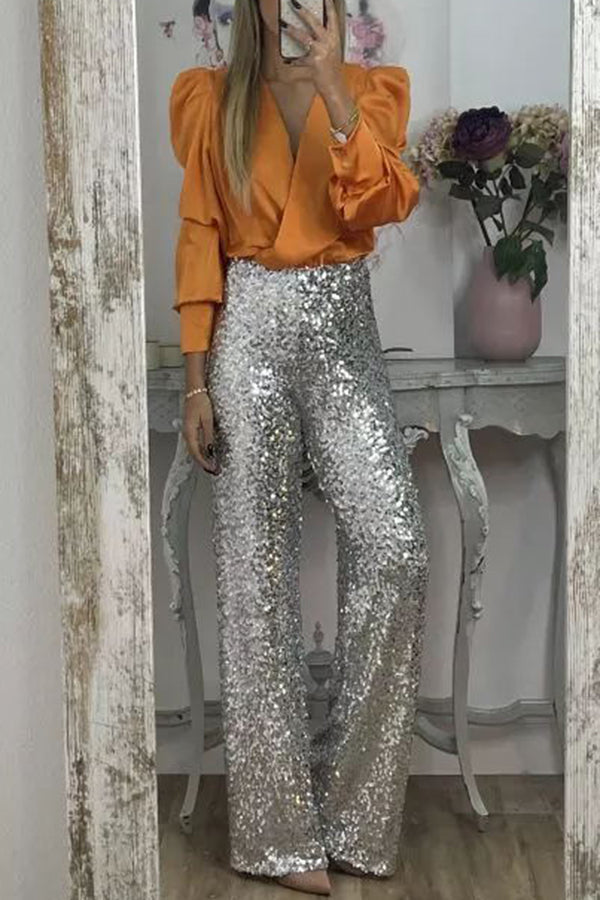 Pantalón ancho Glamour Deslumbrante de lentejuelas de talle alto con cintura elástica