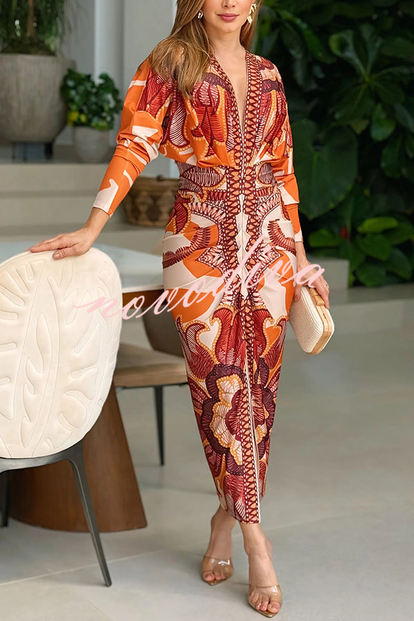 Vestido midi de estilo brasileño con estampado exclusivo, manga larga dolman, fruncido y abertura