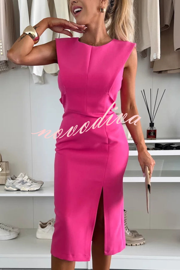 Vestido midi elástico Charming Lady liso con cuello redondo, sin mangas, cintura marcada y abertura