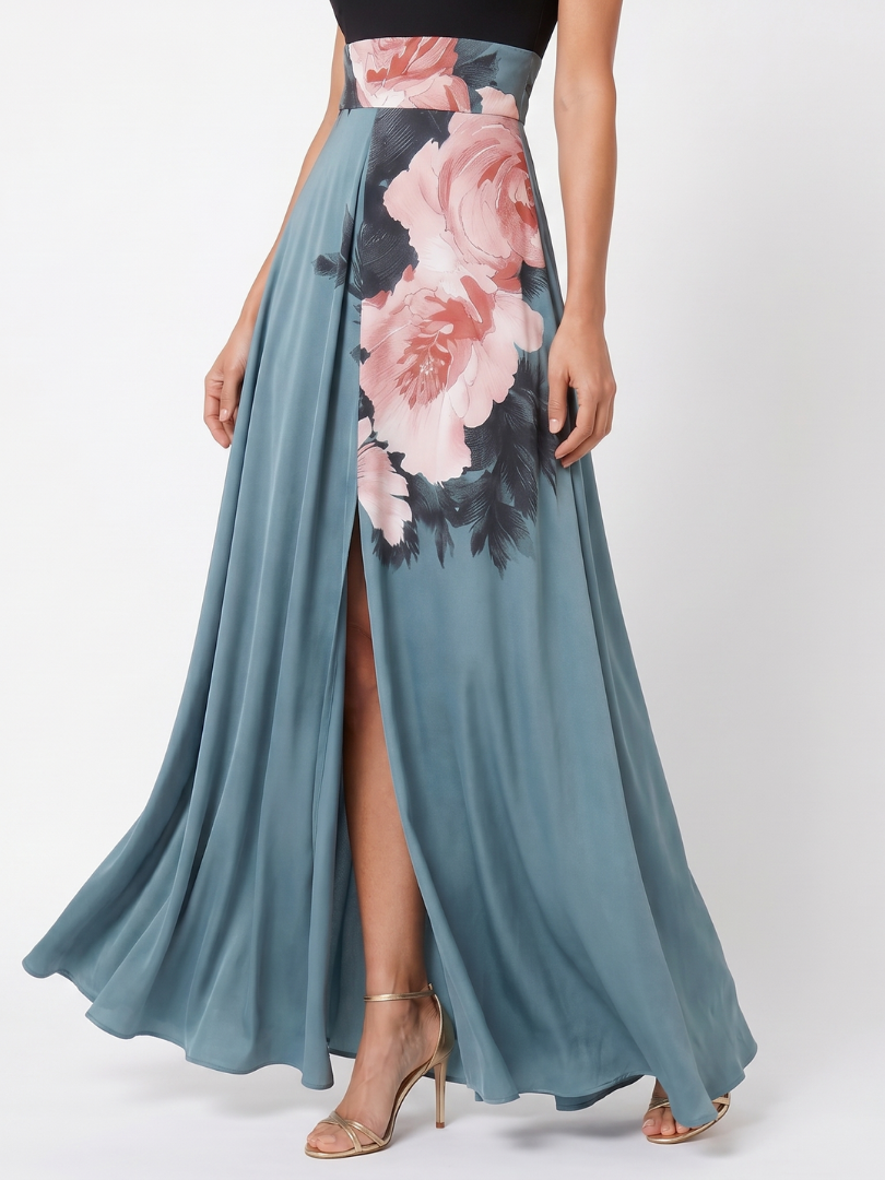 Olympas | Vestido largo con cuerpo halter y falda floral