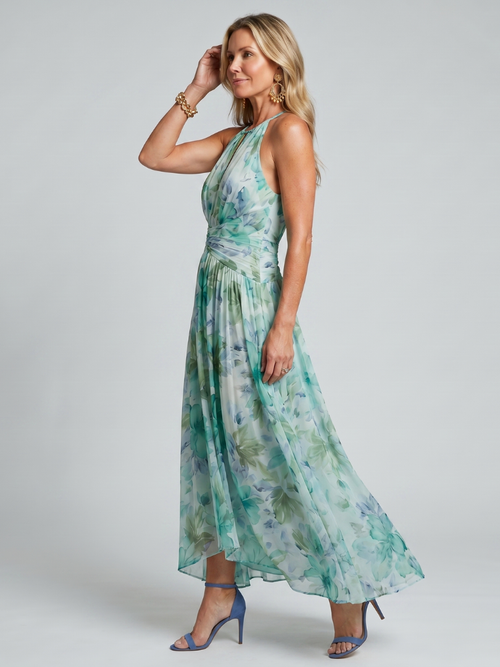 Brielle | Vestido Midi Floral Plisado con Cuello Halter