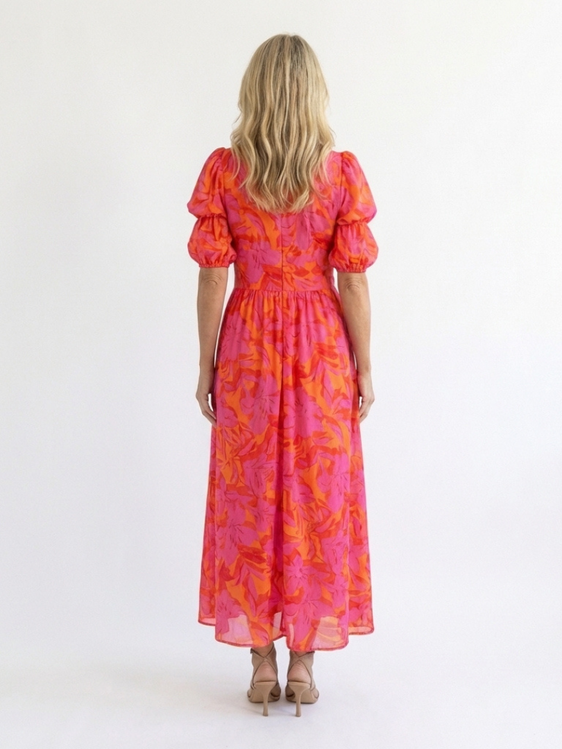 Willow | Vestido Midi Floral de Manga Abullonada y Escote en V