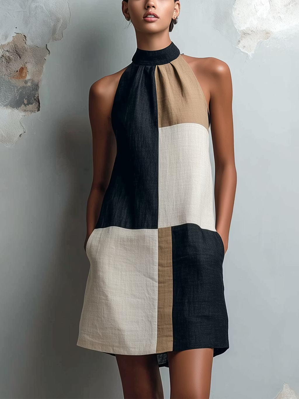SABRINA | VESTIDO CORTO COLOR BLOQUE CON CUELLO HALTER