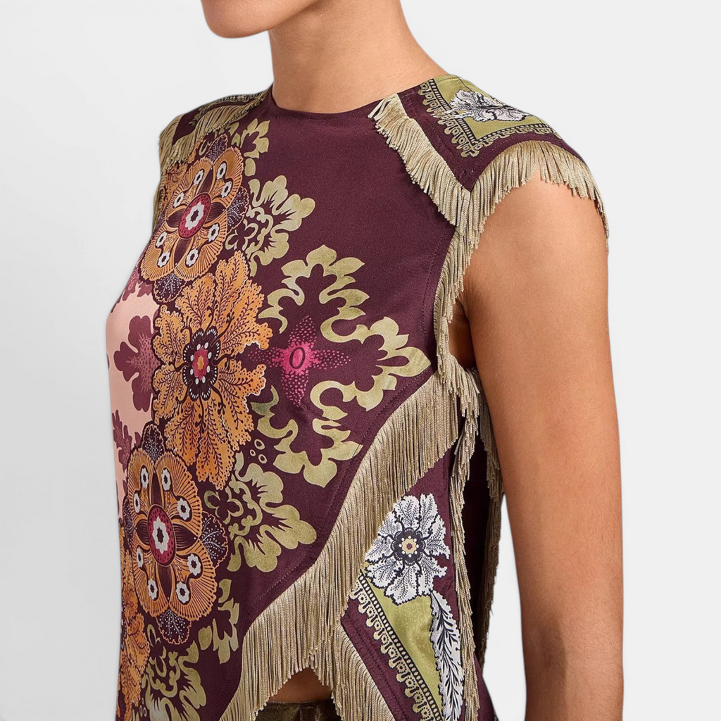 DELWYN™: blusa sin mangas con estampado vintage y borlas