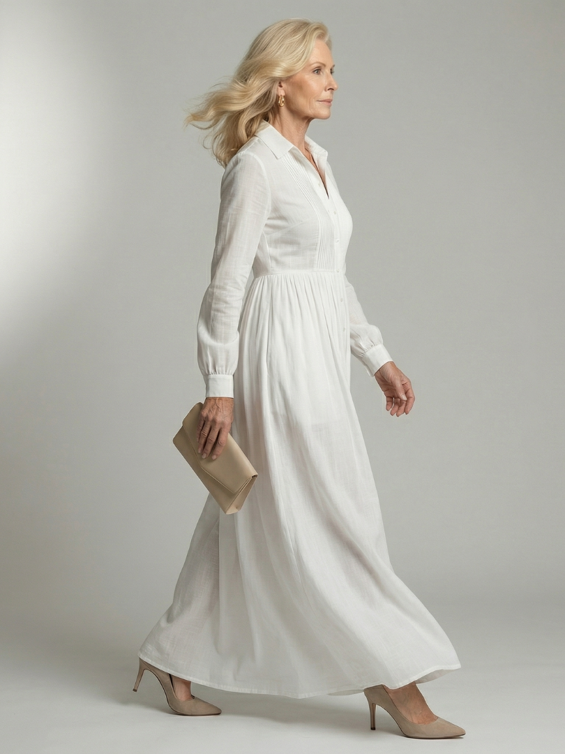 Aurora | Vestido Maxi Plisado con Botonadura Frontal